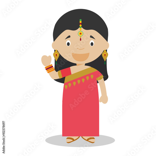 Character from India. Indian girl dressed in the traditional way with sari. Vector Illustration. Kids of the World Collection.