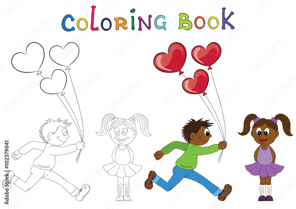 Illustration of a cartoon african boy running with a balloons and cartoon girl. Valentine's Day Illustration of a cartoon african boy running with a balloons and cartoon girl. Valentine's Day