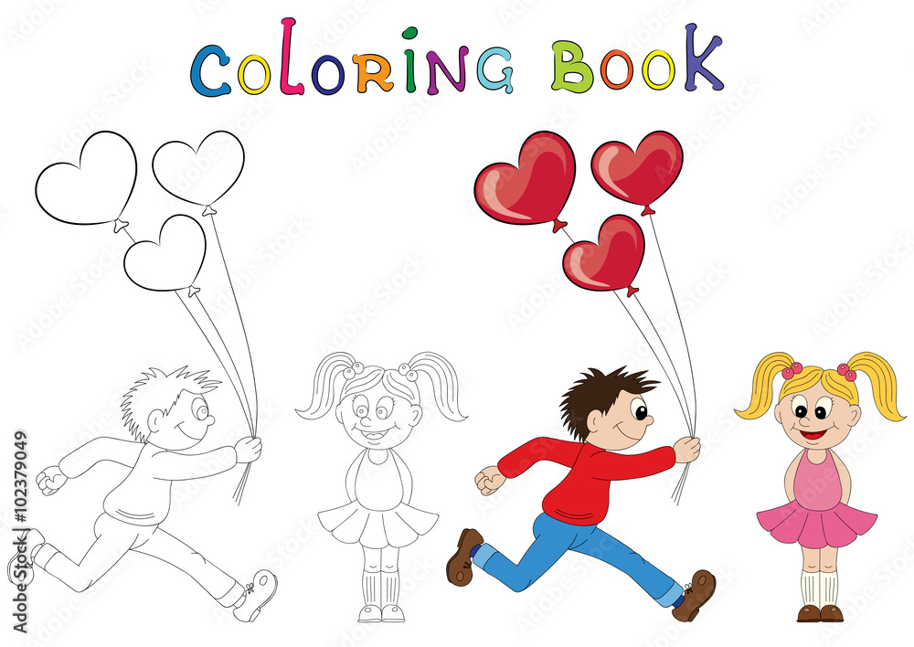 Illustration of a cartoon boy running with a balloons and cartoon girl. Valentine's Day Illustration of a cartoon boy running with a balloons and cartoon girl. Valentine's Day