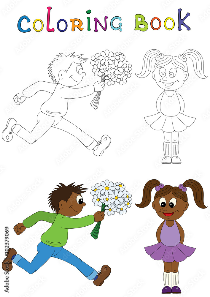 Illustration of a cartoon african boy running with a bunch of flowers and cartoon african girl. Valentine's Day Illustration of a cartoon african boy running with a bunch of flowers and cartoon african girl. Valentine's Day