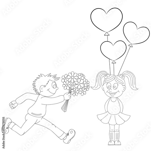 Illustration of a cartoon boy running with a bunch of flowers and cartoon girl with balloons. Valentine's Day