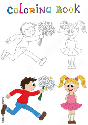 Illustration of a cartoon boy running with a bunch of flowers and cartoon girl. Valentine s Day