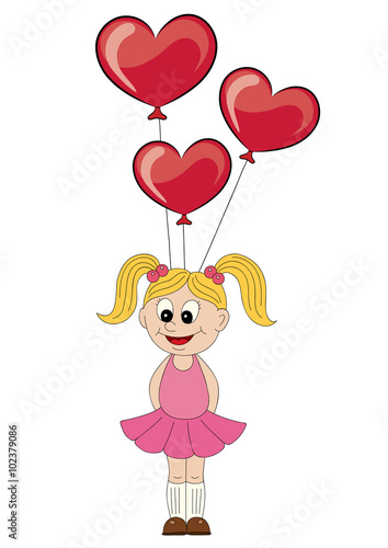 Illustration of a cartoon girl with balloons in the form of heart
