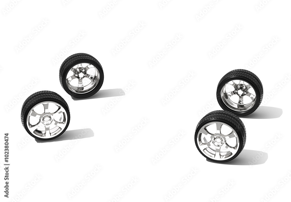 Car wheels on white background - 3d illustration Car wheels on white background - 3d illustration