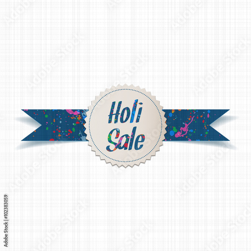 Holi Sale and color Splashes on Label with Ribbon