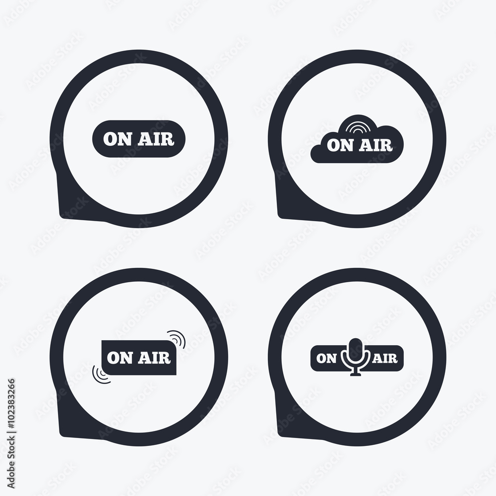 On air icons. Live stream signs. Microphone. On air icons. Live stream signs. Microphone.