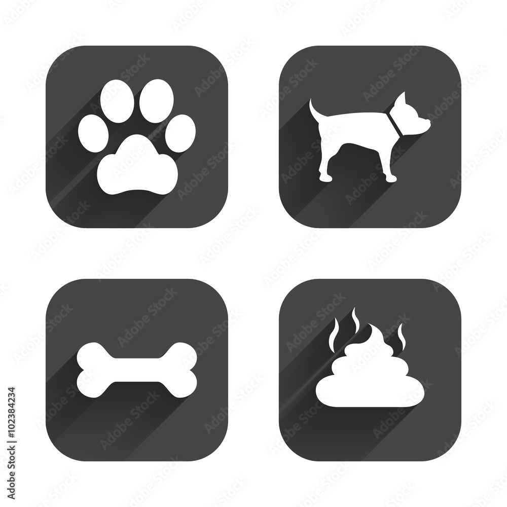 Pets icons. Dog paw and feces signs.