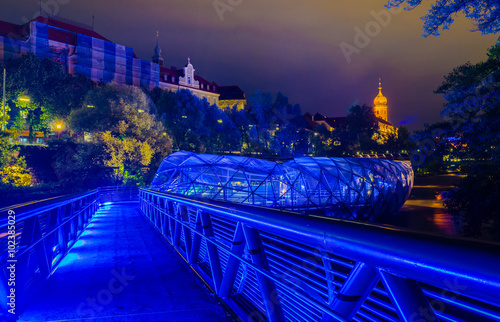 Graz, artificial floating platform in the middle of the Mur river.