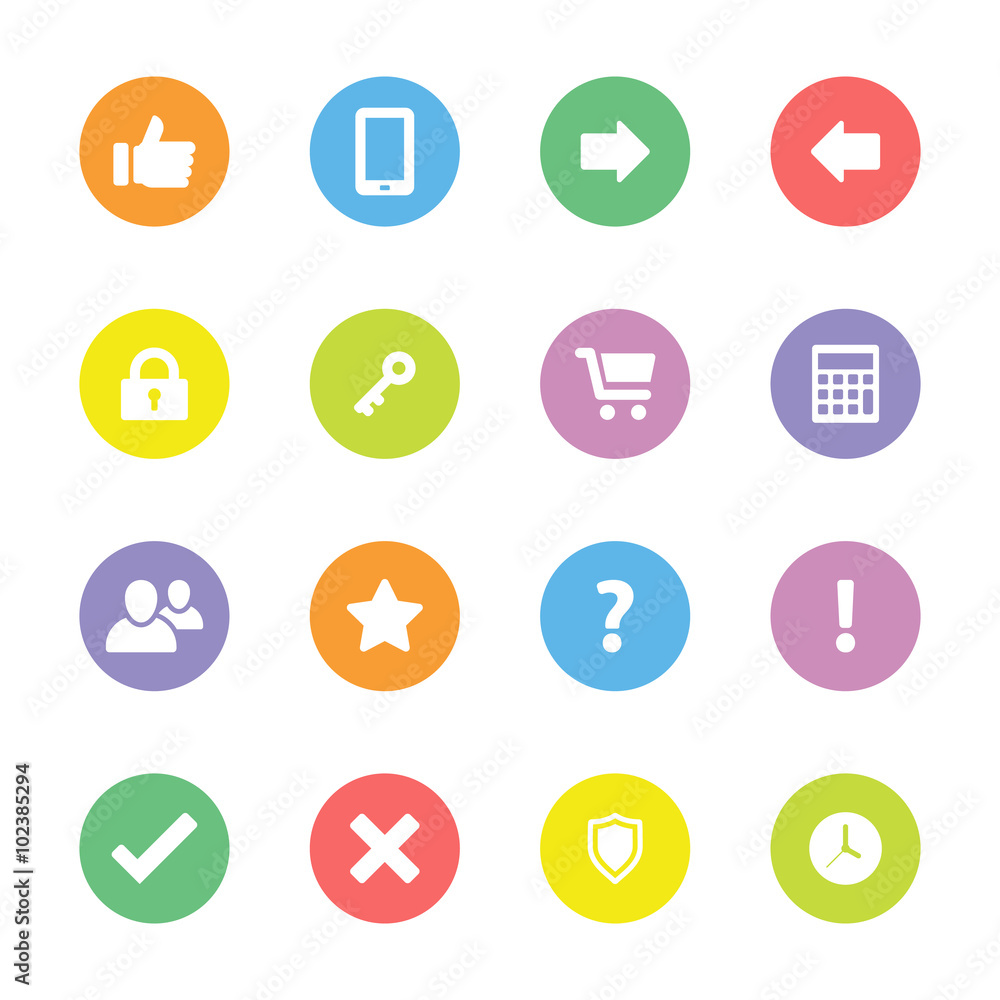 Colorful simple flat icon set 2 on circle - for web design, user interface (ui), infographic and mobile application Colorful simple flat icon set 2 on circle - for web design, user interface (ui), infographic and mobile application