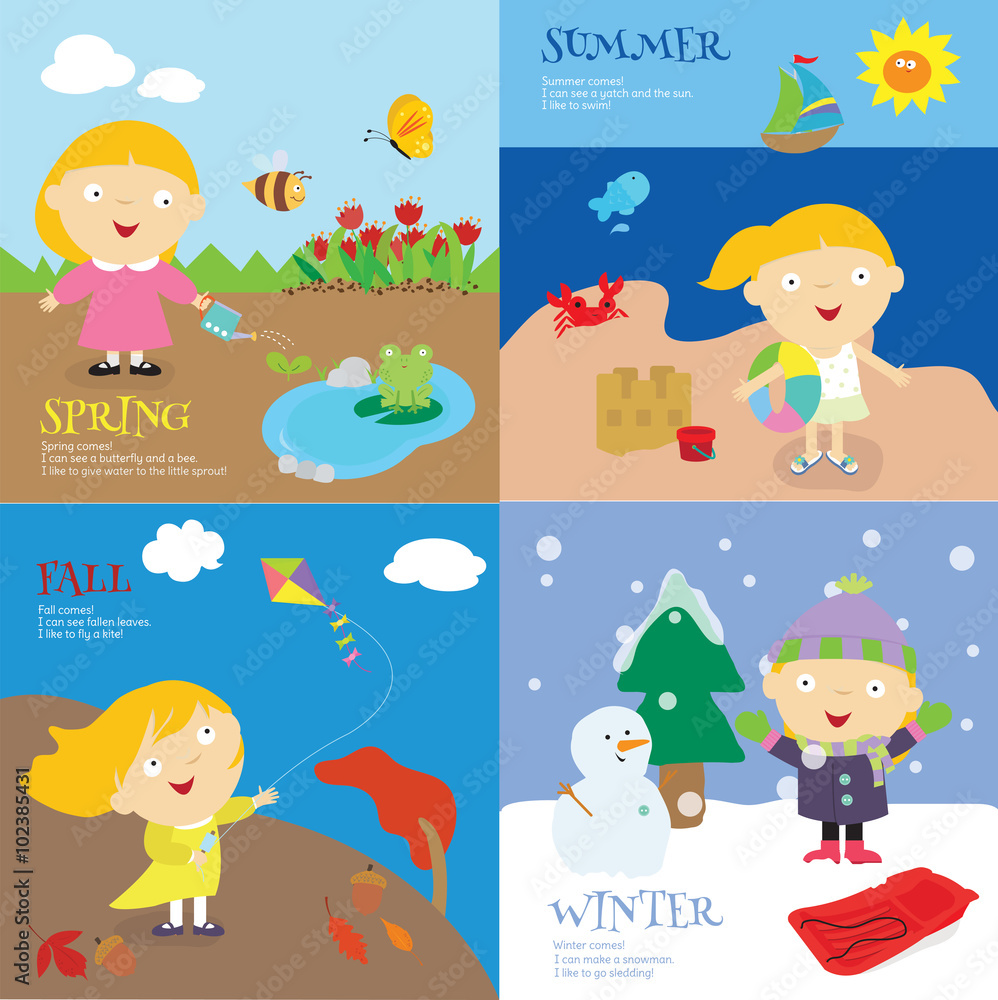 Fototapeta premium A girl playing in all four seasons 
