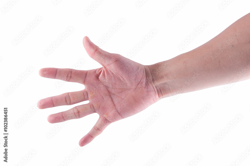 Closeup man's hand is showing five fingers isolated on white bac Closeup man's hand is showing five fingers isolated on white bac