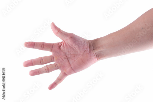 Closeup man's hand is showing five fingers isolated on white bac
