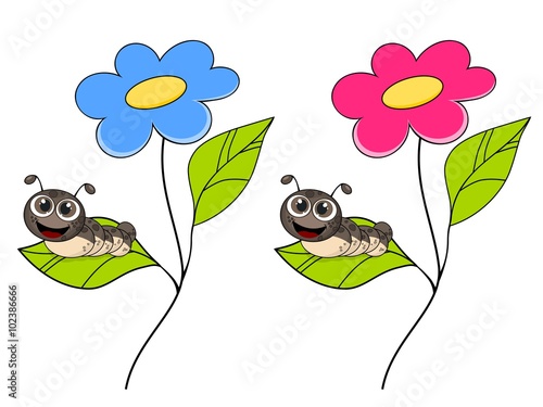 Cute smiling cartoon caterpillar on fresh green leaf