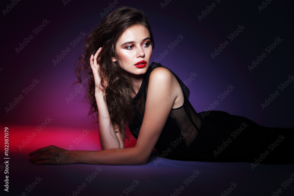 high fashion portrait of elegant woman in black dress. high fashion portrait of elegant woman in black dress.