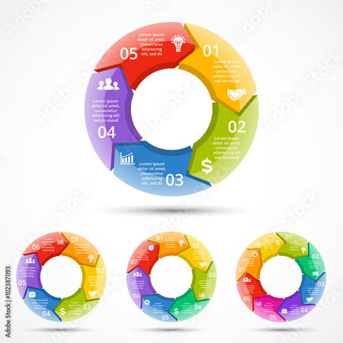 Vector 3d circle arrows infographic. Template for color cycle diagram, graph, presentation and round chart. Business concept with 5, 6, 7, 8 options, parts, steps or processes. 