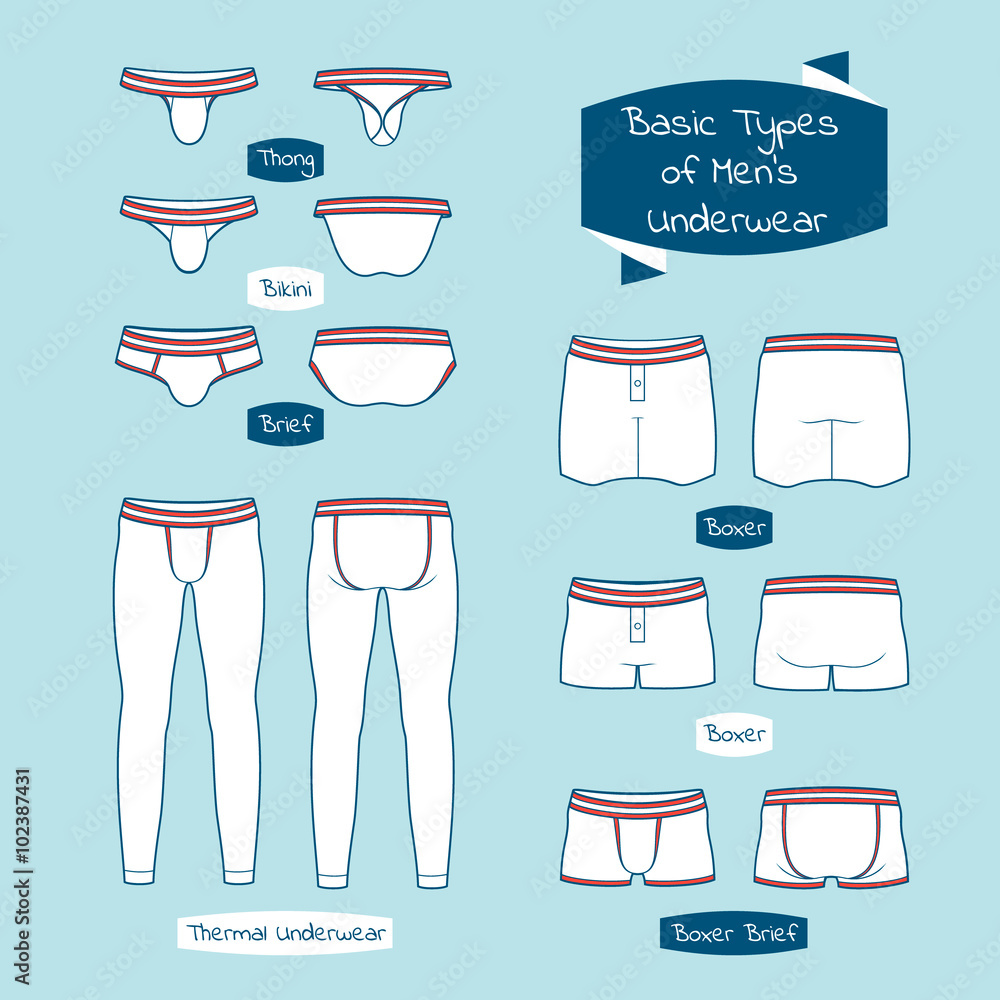 Vetor de Types of men's underwear with names. Set of men's underwear:  boxer, brief, boxer-brief, Thong, bikini, thermal underwear. Vector  illustration. do Stock