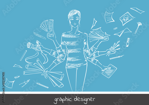 Young girl graphic designer with working tools. Hand-drawn sketch style concept of profession graphic designer. Vector illustration of photography, free hand drawing, select colors, digital drawing...
