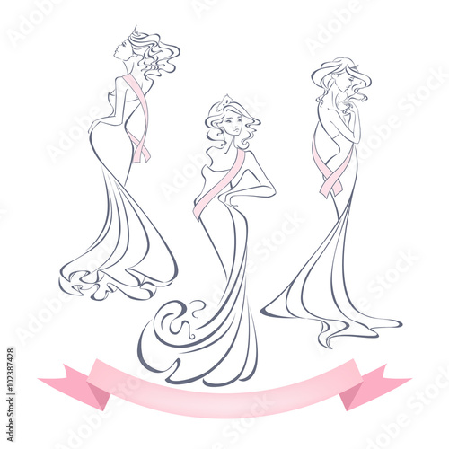 Linear style silhouettes of beautiful girls in evening dresses with premium ribbons isolated on white background. The winner of the beauty contest. Vector illustration in outline style.