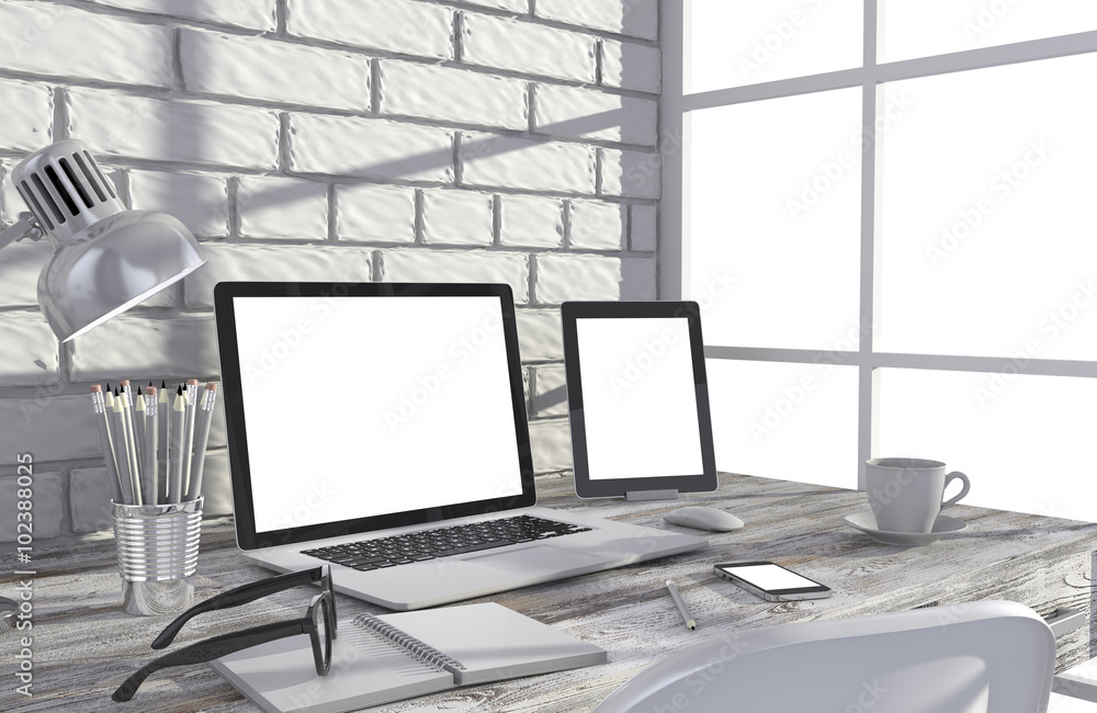 3D illustration laptop and work stuff on table near brick wall, Workspace 3D illustration laptop and work stuff on table near brick wall, Workspace