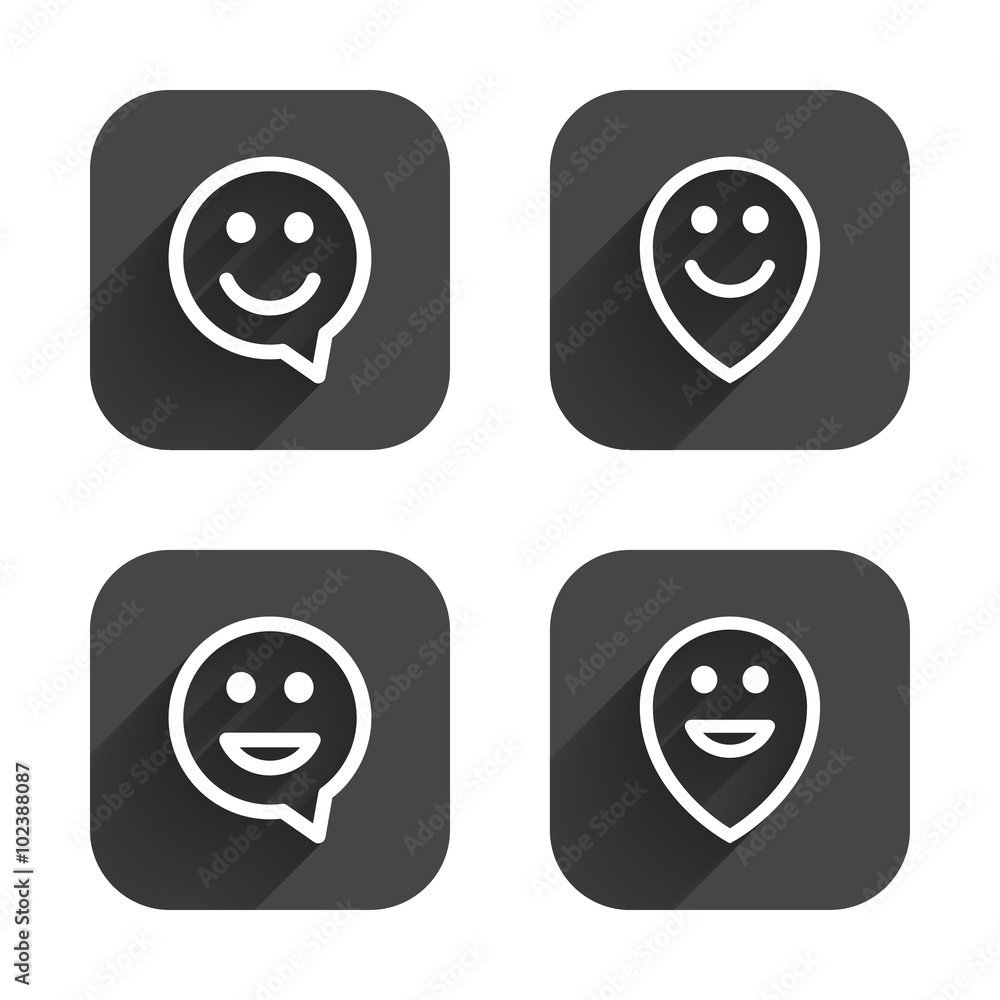 Happy face speech bubble icons. Pointer symbol. Happy face speech bubble icons. Pointer symbol.