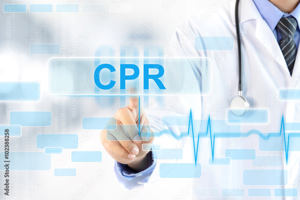 Doctor hand touching CPR sign on virtual screen Doctor hand touching CPR sign on virtual screen