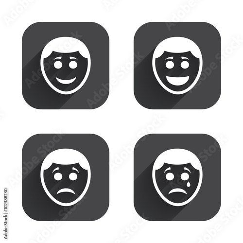 Human smile face icons. Happy, sad, cry.