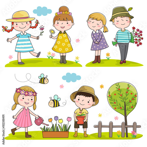 Collection of happy kids outdoor in spring season