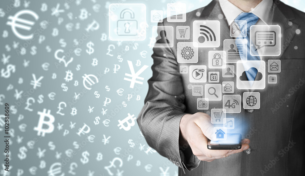 Business man using smart phone with social media icon set Business man using smart phone with social media icon set