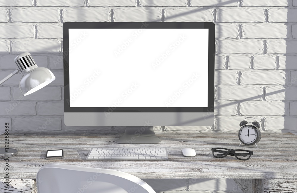 Fototapeta premium 3D illustration PC screen on table in office, Workspace