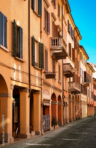 kinds of portico in downtown Bologna. Emilia-Romagna, Italy. © GiorgioMorara