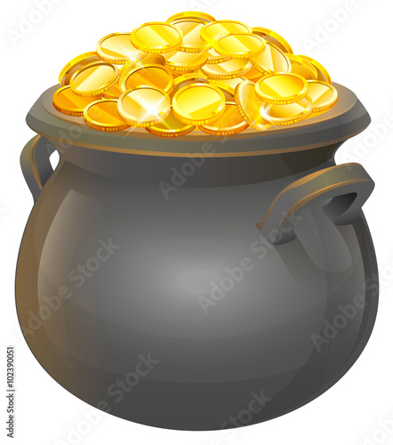 Pot of gold coins. Full cauldron of gold