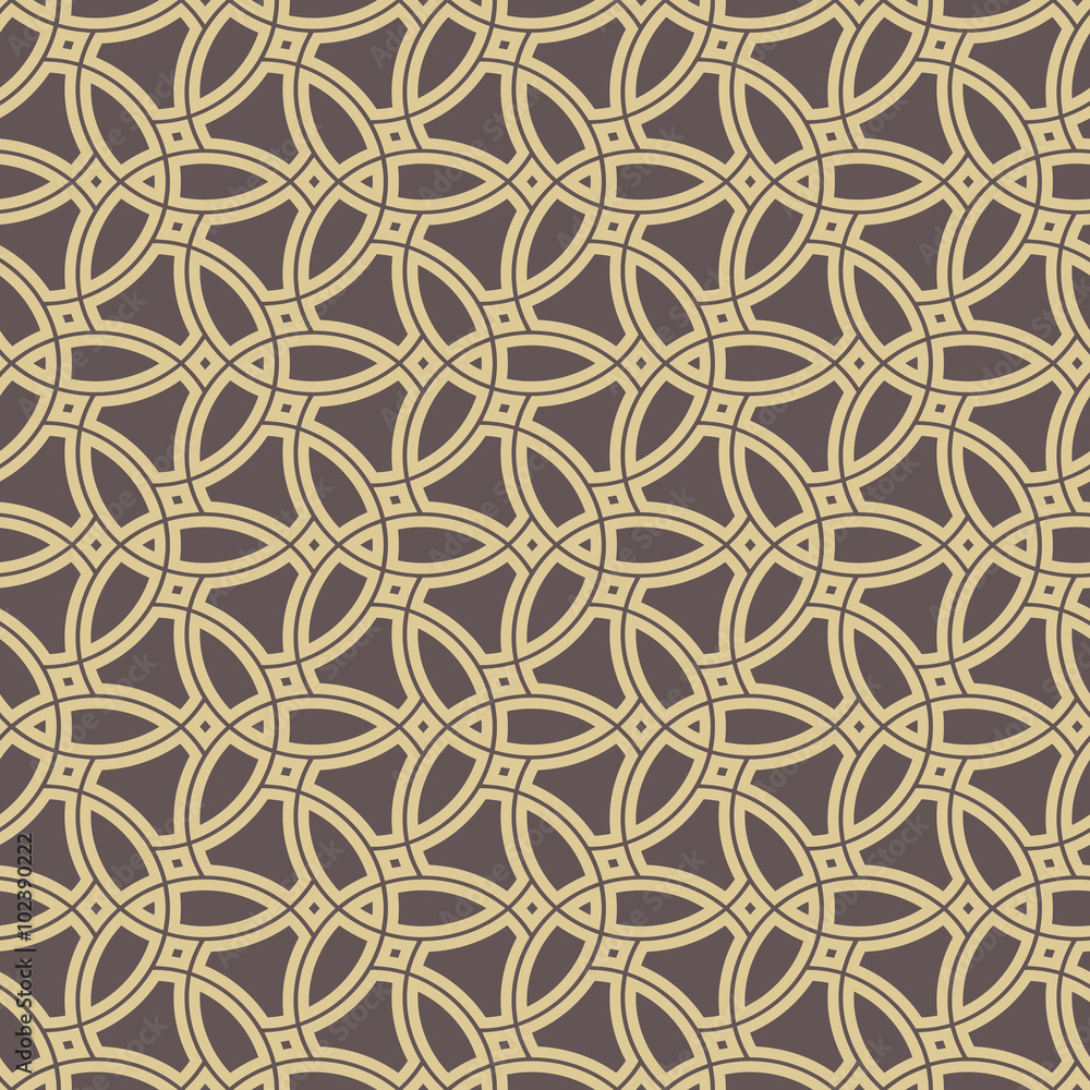 Seamless golden ornament with brown background. Modern stylish geometric pattern with repeating elements Seamless golden ornament with brown background. Modern stylish geometric pattern with repeating elements