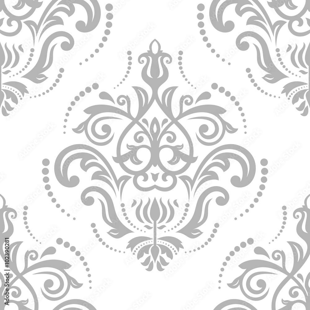Damask seamless ornament. Traditional pattern. Classic oriental gray background