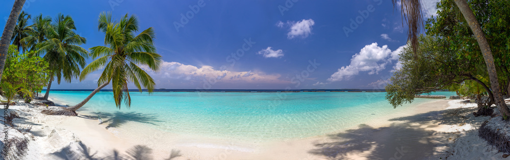 Beach panorama at Maldives with blue sky, palm trees and turquoi