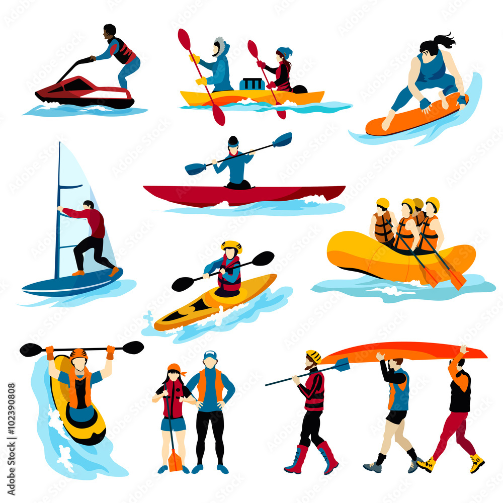 People In Extreme Water Sports Color Icons 