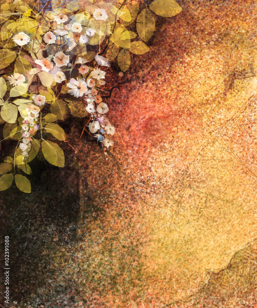 Obraz premium Abstract flower watercolor painting. Hand painted White, Yellow and Red Ivy flowers and leaf on wall and wood fence grunge texture background. Spring flower seasonal nature background