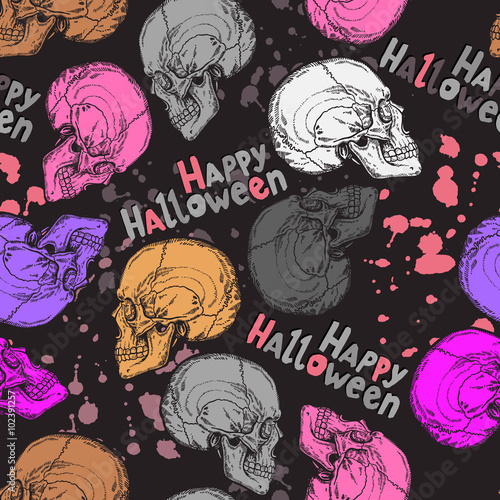 seamless halloween pattern with color skulls  text and blots
