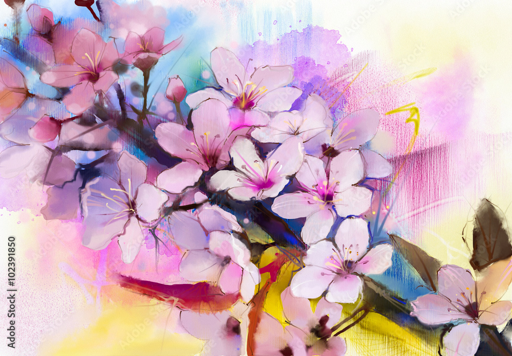 Fototapeta premium Watercolor Painting Cherry blossoms - Japanese cherry - Pink Sakura floral in soft color over blurred nature background. Spring flower seasonal nature background