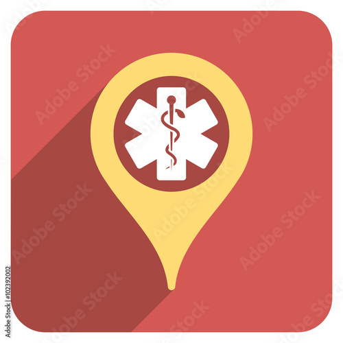 Clinic Pointer long shadow vector icon. Style is a light flat symbol on a red rounded square button.