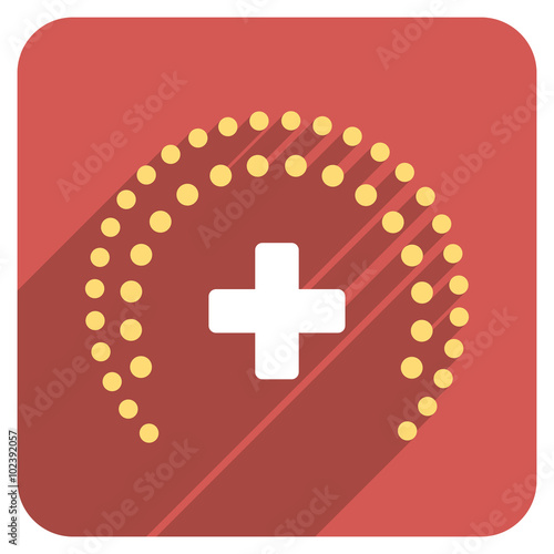 Dotted Health Care Protection long shadow vector icon. Style is a light flat symbol on a red rounded square button.
