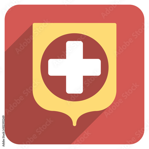 Medical Shield long shadow vector icon. Style is a light flat symbol on a red rounded square button.