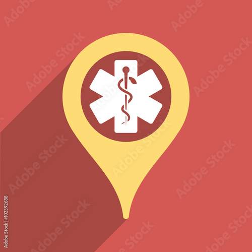 Clinic Pointer long shadow vector icon. Style is a light flat symbol on a red square button.