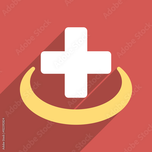 Medical Community long shadow vector icon. Style is a light flat symbol on a red square button.