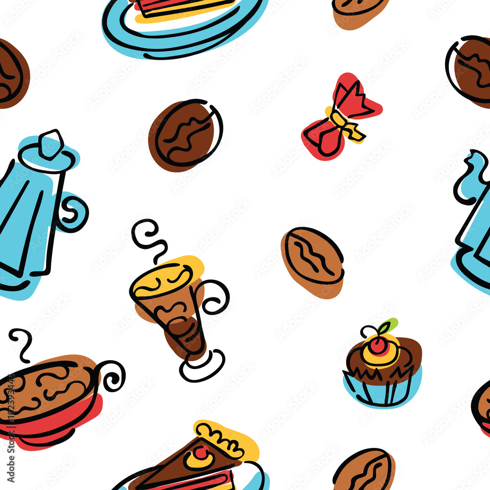 Coffee pattern. Coffee, coffee beans, coffee pot, coffee cup. Dessert and candy. Vector seamless background.