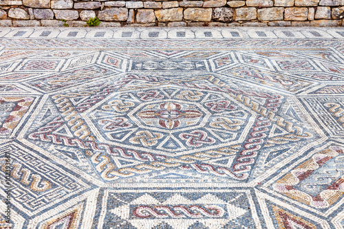 Complex and elaborate Roman tessera mosaic pavement in the House of the Skelletons. Conimbriga in Portugal, is one of the best preserved Roman cities on the west of the empire.