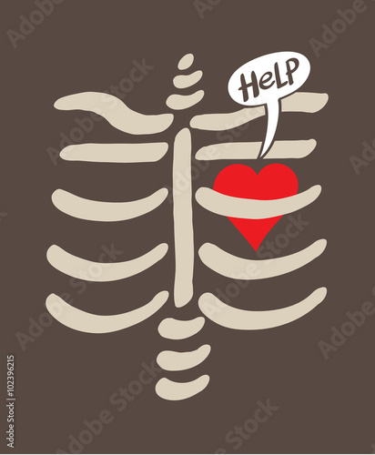 Cartoon red heart feeling in captivity inside the bones of a rib cage,  expressing a love pang and asking for help by showing a speech bubble. Dark  background Stock Illustration | Adobe