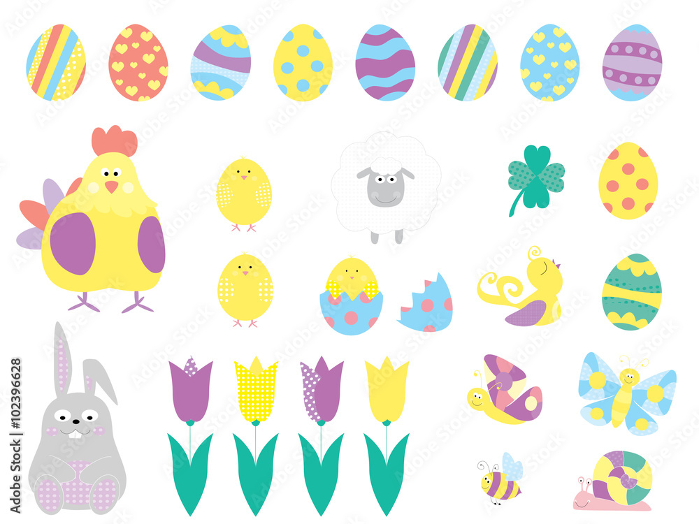 Easter elements collection of flat icons with easter eggs, cute bunny, sheep, tulip, chick / vectors set for children