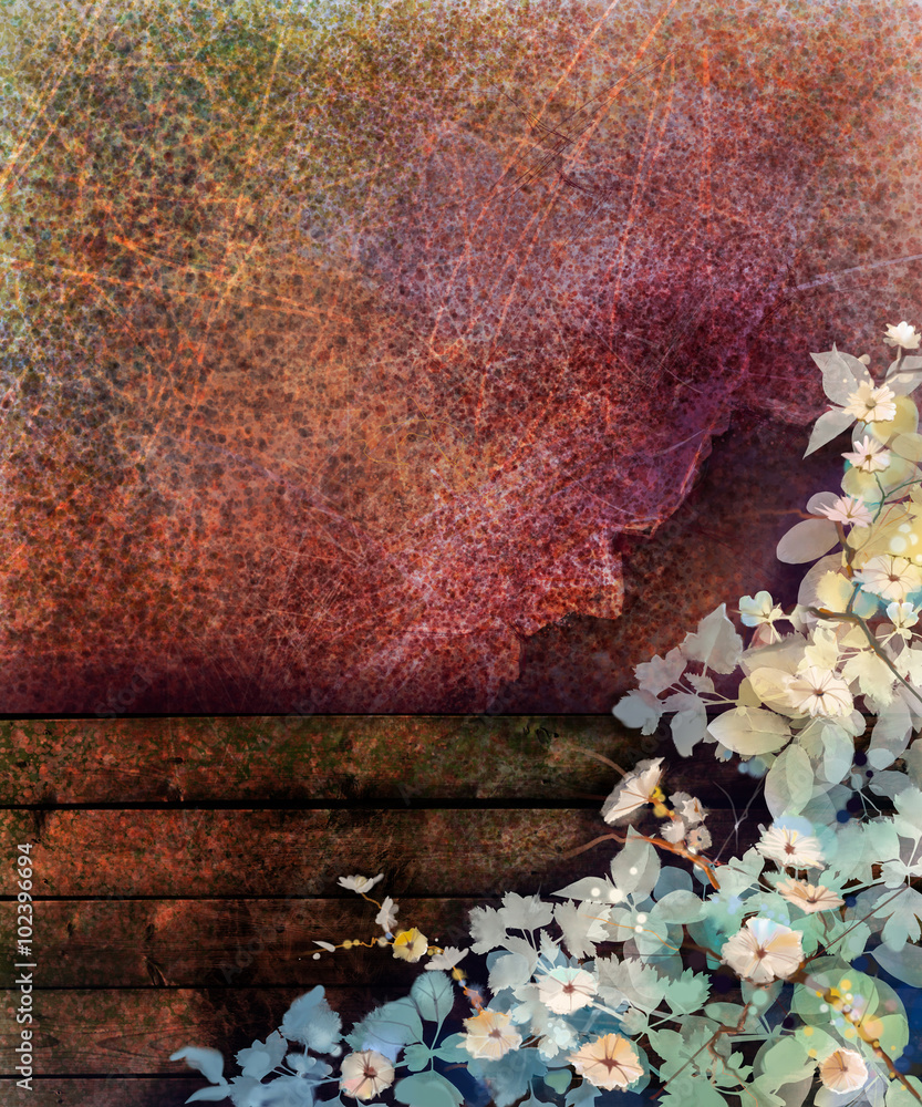 Obraz premium Abstract flower watercolor painting. Hand painted White, Yellow and Red Ivy flowers and leaf on wall and wood fence grunge texture background. Spring flower seasonal nature background