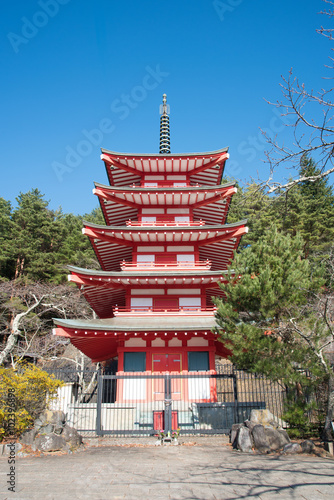 view of Shureito pagoda and Fuji mountain in Japan