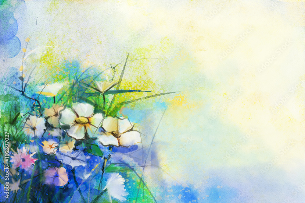 Obraz premium Abstract flower watercolor painting. Hand paint White and soft Yellow, Pink, Red color of meadow flowers in soft color on blue, green color background. Spring floral, Wild flowers seasonal nature